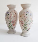 Pair of late Victorian opaline glass vases with applied floral and dragonfly decoration, both approx