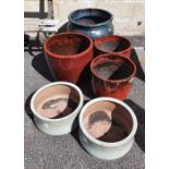 Six round glazed garden/patio planters, various colours, largest 46cm diameter (6)