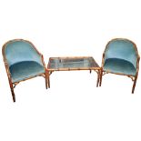 Pair of armchairs with carved wood bamboo-effect frames, blue upholstered seat and back and matching