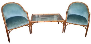 Pair of armchairs with carved wood bamboo-effect frames, blue upholstered seat and back and matching