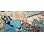 Three Japanese woodblock colour prints, Toyohara Kunichika, Actors 1866, another by Utagawa Kunisada