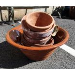Large brown glazed bowl, 57cm diameter, terracotta plant pot, etc