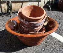 Large brown glazed bowl, 57cm diameter, terracotta plant pot, etc