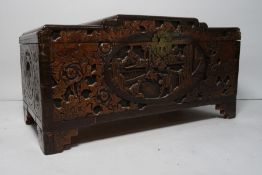 20th century Chinese carved camphorwood lined blanket chest, 40cm x 79cm