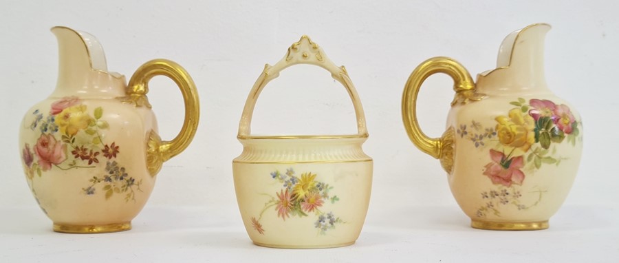 Royal Worcester blush ivory miniature bucket with loop handle, floral decorated, RN No.277736 1880