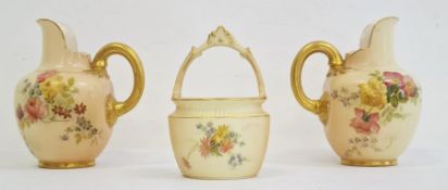 Royal Worcester blush ivory miniature bucket with loop handle, floral decorated, RN No.277736 1880