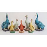 Group of seven 20th century Chinese export-style models of ducks, each after the 18th century model,