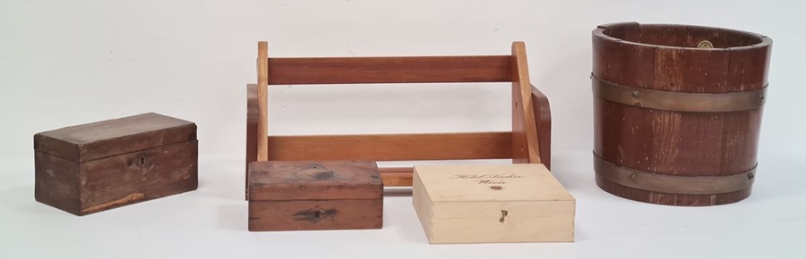 Wooden brass-bound bucket on stand, a wooden sewing box, a wooden shelf and two other boxes (5)