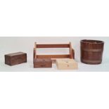 Wooden brass-bound bucket on stand, a wooden sewing box, a wooden shelf and two other boxes (5)