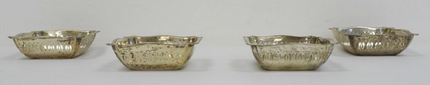 Set of four 1920's square-shaped dishes with pierced sides, Birmingham 1928, maker EJH(?), 6.6oz (4)