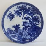 Chinese blue and white charger decorated with birds amongst trees and foliage, 37cm diameter
