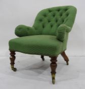 Small Victorian salon chair in cream button-back upholstery, turned front legs terminating in