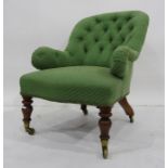 Small Victorian salon chair in cream button-back upholstery, turned front legs terminating in