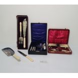 Assorted plated ware to include pair of Victorian ivory-handled silver-plated fish servers with fern