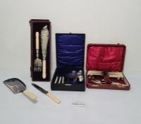 Assorted plated ware to include pair of Victorian ivory-handled silver-plated fish servers with fern