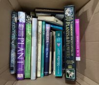 Box of assorted books to include "A Field Guide to Moths", books on horticulture, books on silver,