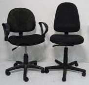 3 black office swivel chairs with folding beech breakfast stool Condition ReportAble to adjust