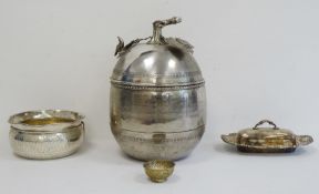 Silver-coloured metal lidded large pot with branch and leaf finial, engraved decorations of