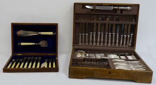 Cased canteen of fish servers and flatware and a canteen of EPNS flatware, the box labelled '