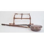 Copper warming pan, a vintage coping saw and a wooden shillelagh (3)