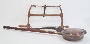 Copper warming pan, a vintage coping saw and a wooden shillelagh (3)