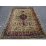 Yellow ground Eastern rug, the central medallion on a foliate decorated field, stepped border, 368cm