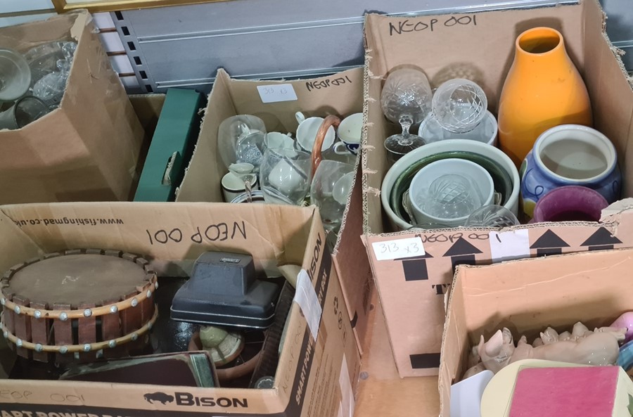 Assorted glassware, vases, glass pudding dishes, a pottery mobile, etc (3 boxes)