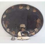 Oval papier mache painted tray, 25cm wide and a vintage "Tilley" paraffin domestic iron with
