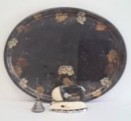 Oval papier mache painted tray, 25cm wide and a vintage "Tilley" paraffin domestic iron with