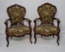 Pair of Victorian style armchairs in brown ground foliate upholstery