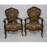 Pair of Victorian style armchairs in brown ground foliate upholstery