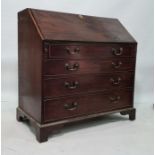 19th century mahogany bureau, the fall opening to reveal fitted interior and green baize writing