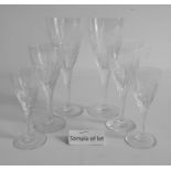 Set of eight Stuart cut glass wines, approx 19cm high, six Stuart wines of the same pattern,