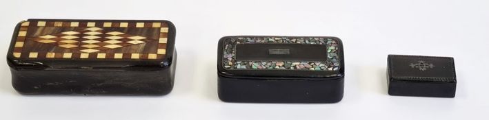 Miniature rectangular papier mache lacquered box with mother-of-pearl inlay, another black inlaid