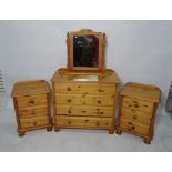 20th century pine bedroom suite comprising chest of four drawers, two bedside chests of three