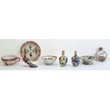 Group of Asian porcelain and enamel, comprising a Chinese porcelain compressed snuff bottle and