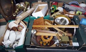 Assorted collectables to include wooden rulers, a horn carving set, brass candlesticks, Eastern-