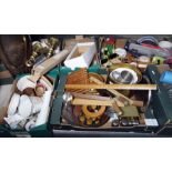 Assorted collectables to include wooden rulers, a horn carving set, brass candlesticks, Eastern-