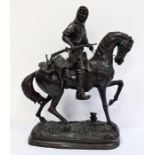 In the manner of Alfred Barye bronze figure of a hunter carrying dead game, on horseback