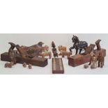 Various carved wooden animals to include jaguars, dogs, African carved figures, carved wooden