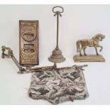 Walnut and brass-bound folding stand, a brass horse and stand, a doorstop and a beadwork wall