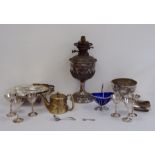 Quantity of silver plate items to include Walker and Hall paraffin lamp with inscription, dated