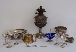 Quantity of silver plate items to include Walker and Hall paraffin lamp with inscription, dated