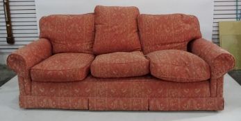 Wesley-Barrell three seater sofa and two single armchairs in pink ground patterned uipholstery