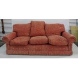 Wesley-Barrell three seater sofa and two single armchairs in pink ground patterned uipholstery