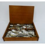 Large quantity of assorted plated table flatware in a wooden box
