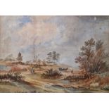 Attributed to George Cole Watercolour Landscape with figures on track, 25.5 x 36cm
