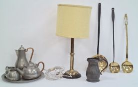 Singapore pewter tea set to include teapot, milk jug, sugar bowl, hot water jug and tray, a pewter