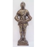 Large brass figure of a knight standing in suit of armour with sword, on plinth base, 64cm high