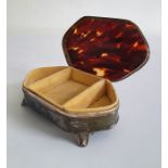 1920's silver and tortoiseshell lidded lozenge-shaped jewellery box, the tortoiseshell mounted lid